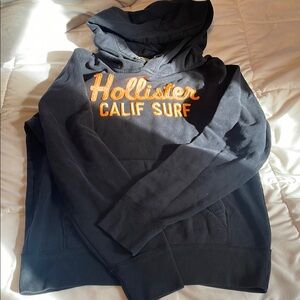 Hollister Men's Dark Hoodie with Orange Logo Large Teen boys nice!